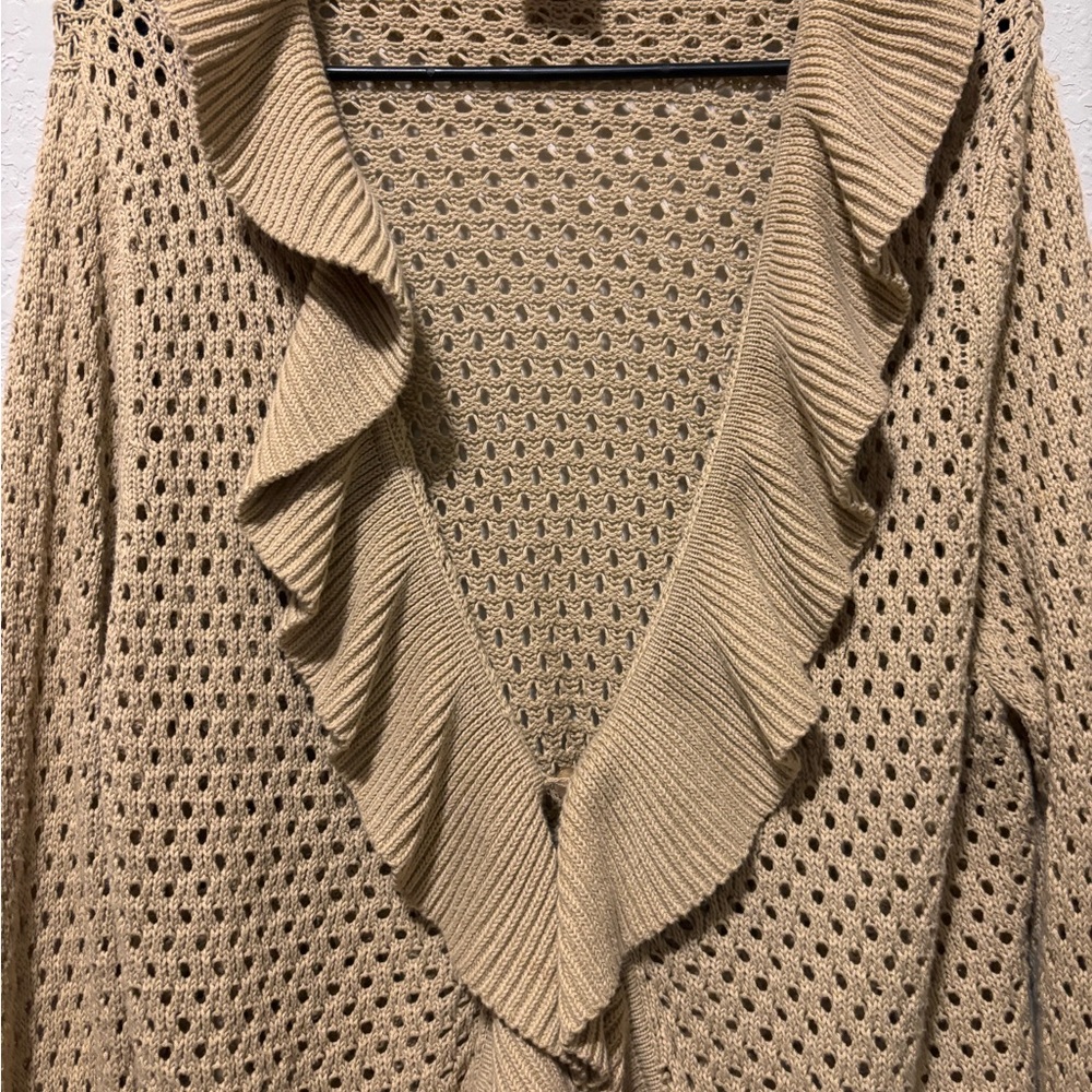 Vtg Pointelle Knit Cardigan XL Tan Ruffle Bell Sleeve Coquette Coastal Boho Doll - Picture 6 of 16